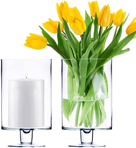 CYS EXCEL Glass Hurricane Pillar Candle Holders (H:10" W:6", 2 PCS) | Multiple Size Choices Short Stem Candle Jars | Stemmed Glass Cylinder Candle Vase - Image 4