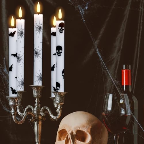 Wondise Halloween Flameless Taper Candles with Remote & Timer, Battery Operated with Spider Web, Bats, Skull, Real Wax 3D Wick LED Candles for Halloween Decorations - Image 6