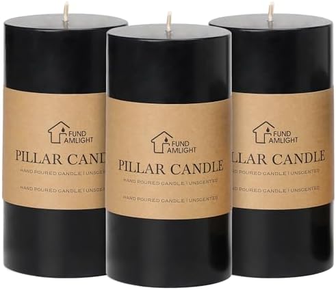 3x6 Inch Black Pillar Candles Set of 3 - Halloween Unscented Pillar Candle by FUNDAMLIGHT
