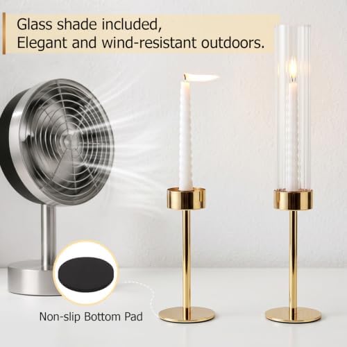 Gold Hurricane Taper Candle Holders,2 Sets(6 Pcs) Brass Tall Candlestick Holders with Ribbed Glass Cylinder, Table Centerpiece Decor for Wedding, Party, Halloween,Christmas & Home Decoration - Image 2