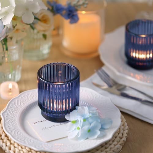 DEVI 8 Pcs Blue Votive Candle Holder for Wedding Centerpieces, Glass Ribbed Tea Light Holder for Wedding Table Decorations, Navy Blue Decor for Party Home Farmhouse Decorations - Image 4