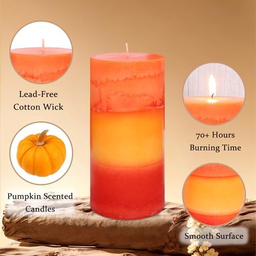 3×6 Inch Orange Pillar Candles, Pumpkin Scented Pillar Candles - Long Burning 70+ Hours, Dripless & Smokeless, Aromatherapy Candles for Thanksgiving Day Dinner Table Décor, Set of 3 - Image 2