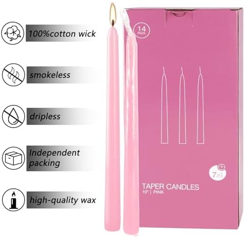 14-Pack Pink Taper Candles - 10 Inch Unscented Dripless Candlesticks, Long Burning for Weddings, Bridal Showers, Valentine's Day & Romantic Dinner Parties - Image 3