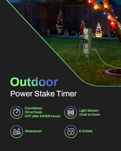 BN-LINK Outdoor Power Stake Timer, Dusk to Dawn Light Sensor, 6 Outlets - Image 2