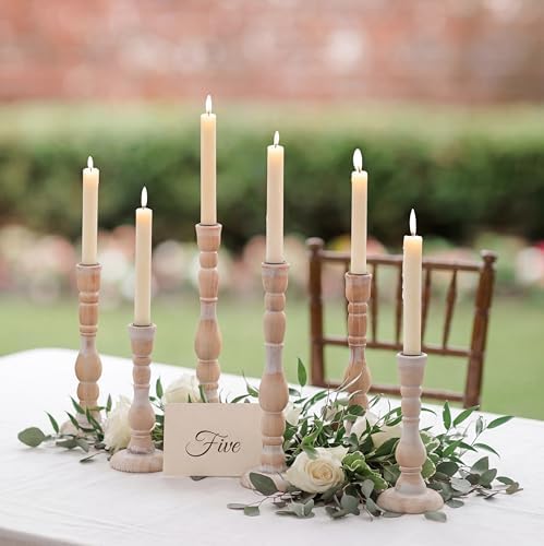 NUPTIO Tall Wooden Taper Candle Holders, Set of 6, Whitewashed by Nuptio