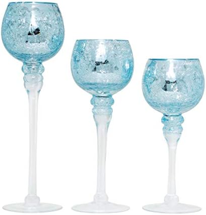 Hosley Elevate Ambiance with Set of 3 Crackle Blue Glass Tealight Holders 12 Inch, 10 Inch, 9 Inch Stylish Home Decor for Unique Candle Displays by HOSLEY