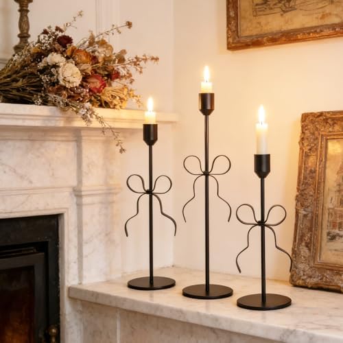 Bow Candle Holder - Bow Candlestick Holder Set of 3 Metal Gold, Modern Decorative Taper Candle Holder for Centerpiece Wedding Dining Table Holiday Housewarming Gift (Black) by Ohmique