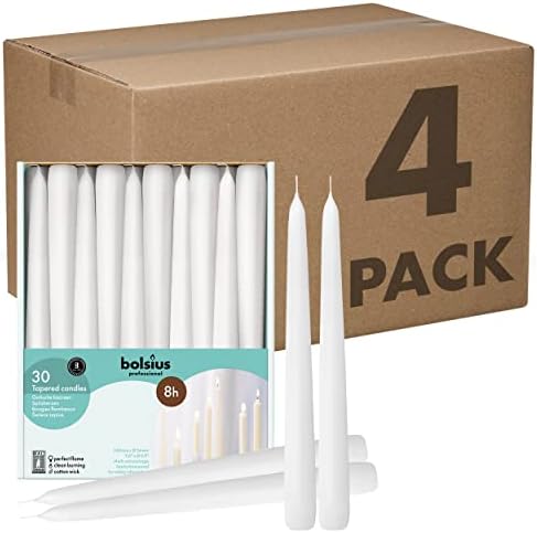 BOLSIUS White Taper Candles - Bulk Case of 4 Packs = Total 120 Candles - 8 Hours - Premium European Quality - Consistent Smokeless Flame - Unscented Dripless Candlesticks by BOLSIUS