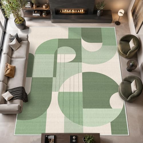 5x7 Green and White Geometric Boho Area Rug for Living Room Bedroom Abstract Large Rug Machine Washable Non-Slip Carpet for Dining Room Office