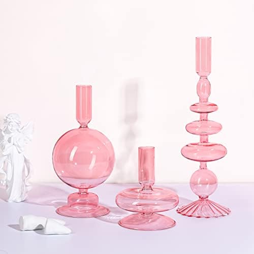 Rtteri 3 Pcs Iridescent Glass Candlestick Holders Taper Candle, Pink by Rtteri