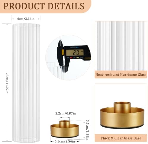 Hurricane Candle Holders Golden Taper Candle Sticks Holder, with 11" Thickened Glass Cylinder Covers Ribbed Candlesticks Holders Bulk Set of 4, Dining Table Centerpiece for Wedding - Image 2