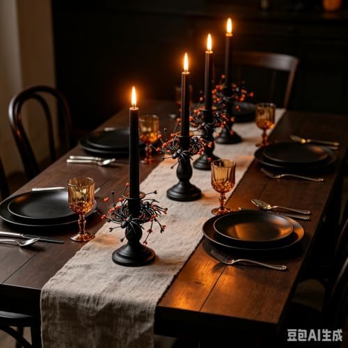 6 Pcs 1.38" Mini Halloween Taper Candle Rings Wreaths Small Artificial with Black Spiders Orange Berries Black Twigs Taper Candle Holder Wreath for Spooky Farmhouse Home Candlesticks Decor - Image 5