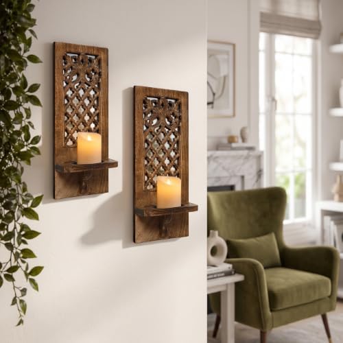 Wooden Wall Candle Sconces with Mirror, Pack of 2-16 Inch Handcrafted Rustic Carved Jharokha Style Décor, for Farmhouse, Vintage, Halloween & Festive Home Decoration - Burnt Finish - Image 3