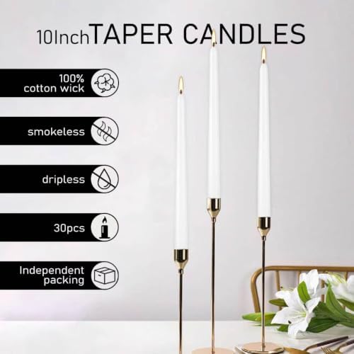 Taper Candles 10 inch Dripless - Set of 30 White Unscented and Smokeless -Paraffin Wax with Cotton Wicks-for Birthdays Weddings Holiday Emergency,8 Hours Burning (30pack) - Image 2