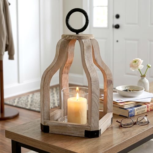 SWALLOWLIVING 13" Rustic Farmhouse Wood Candle Hurricane Lantern with Glass Candlestick Holder for Patio, Table Centerpiece, White Washed - Image 2