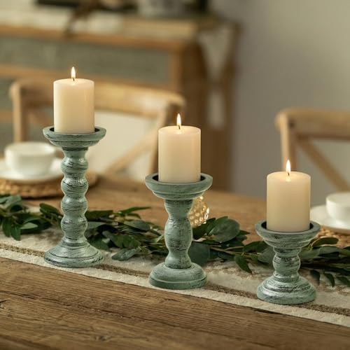 Set of 3 Candle Stick Holders Decor Rustic Wooden Candle Holder Mint Green Farmhouse Candle Stands for Table Centerpiece, Vintage Pillar Candle Holders for Living Room - Image 4