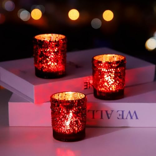 VOHO Red Mercury Glass Candle Holder Set of 12, Boho Sunflower Red Votives by VOHO