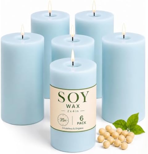 Soy Pillar Candles 6 Pack, 2x4 Inch Unscented Blue Candles for Home Decor by TRIRITE