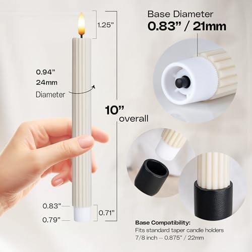 12 Pack, 10" LED Flameless Real Wax Cream Beige Fluted Ribbed Grooved Taper Candles, Remote & 24h Timer Memory, On/Off Button, Dimmable, Flicker Mode, Battery Operated, Wedding - Image 3