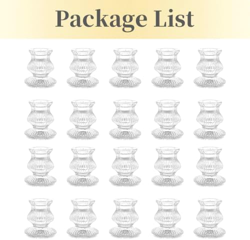Hewory Glass Taper Candle Holders: 20PCS Clear Candlestick Holders, Ribbed - Image 6