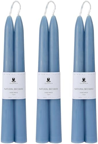 Blue Beeswax Taper Candles,8" Long Candlestick,smokeless dripless unscented Natural Beeswax Candles.for Gift,Mother's Day (Blue, 6 Pack) by olorvela