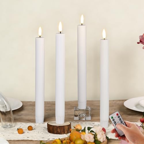 White Ribbed Flameless Taper Candles with Remote Set of 4 by Girimax