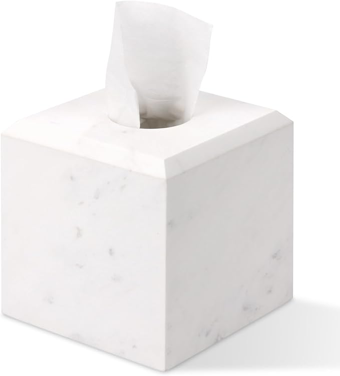 Natural Marble Square Tissue Box Cover,Stone Modern Decorative Sturdy Napkin Box Holder Case,Facial Paper Organizer for Bathroom Vanity Toilet Countertop,Kitchen (1, Jazz White, 5.71 * 5.71 * 5.51)