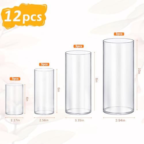 12 Pack Glass Cylinder Vases 4,6,8,10 Inch Tall Clear Flower Vase Hurricane Floating Candle Holder for Table Centerpiece Wedding Home Decor. - Image 2