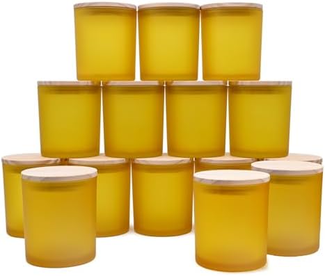 SHOWIN 10 OZ Thick Candle Jars for Making Candles 15 Pcs, Empty Jars with Wood Lids for Candle Making, Sample Container, Frosted Yellow by Showin
