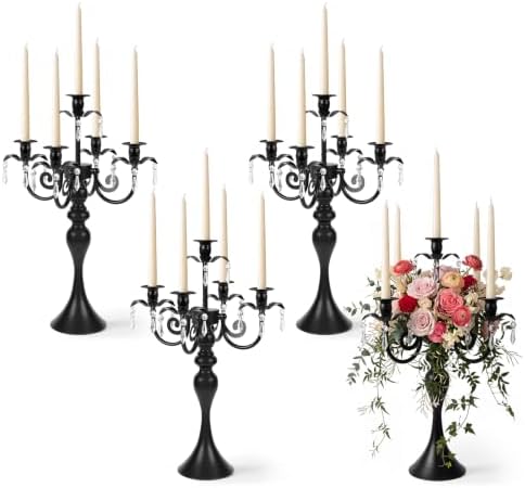 20''Tall Crystal Pendant Taper Candle Holders/Stylish Candle Stands/Candlesticks Holder/Candelabra for Home Decor, Weddings/Parties/Elegant Dining Table Centerpiece (4, Black) by KOLNLALA