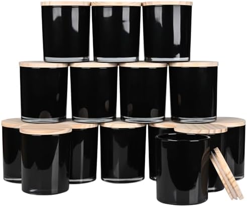 SHOWIN 10 OZ Thick Candle Jars for Making Candles 15 Pcs, Empty Jars with Wood Lids for Candle Making, Sample Container, Inner Black by Showin