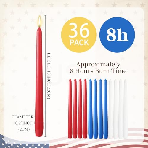 MTLEE 36 Pcs 10 Inch Long Taper Candle Stick Smokeless, Red Blue White - Image 3