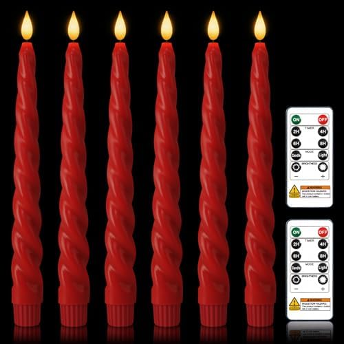 Red Spiral Flameless Taper Candles, 9.6 Inch Real Wax Natural Warm Glow Led Taper Candles with Remote Timer, 6 Pcs Battery Operated Tapered Candlesticks for Christmas, Child and Pet Friendly by meigic