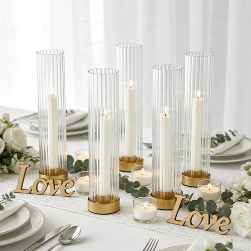 Hurricane Candle Holders Golden Taper Candle Sticks Holder, with 11" Thickened Glass Cylinder Covers Ribbed Candlesticks Holders Bulk Set of 4, Dining Table Centerpiece for Wedding - Image 5