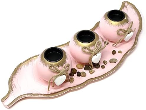 allgala Wooden Candle Holder Tray 3 Ball Orbs Set Tealight Candle Holder Centerpiece with Pebbles on Leaf Tray for Coffee Table Dining Table Accents Bowl for Living Room Décor-Pink-HD90407 by Allgala
