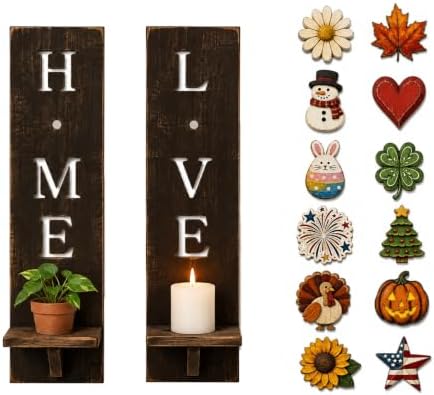 Wall Candle Holder Set of 2, Wooden Candle Sconces Farmhouse Wall Decor by Unknown
