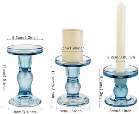 3-Piece Set of Blue Glass Candlestick, Crystal Candlestick Holder Holder and Conical Candle, Christmas Candle Holder Decoration, Family Living Room Wedding Candle Holder (Blue) - Image 2