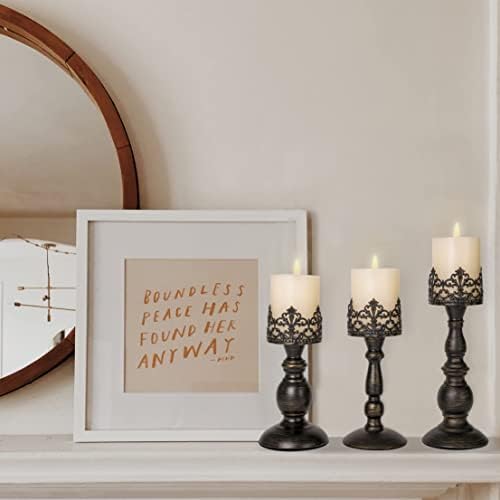 BANOMII Distressed Black Candle Holders for Pillar Candles Set of 3, Vintage Crown Candle Stands for Table Centerpiece Decor, Tall Antique Metal Candle Holder Set for Fireplace Decoration, Ideal Gift - Image 5