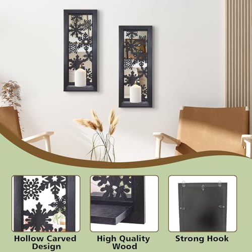 ZEXUIRU 2 Set Rustic Candle Sconces Living Room Bedroom Entryway Wood Mirrored, Farmhouse, Carved Frame Wall-Mount Wooden Candle Holders Wall Decor Hanging Handmade Holder - Black - Image 7
