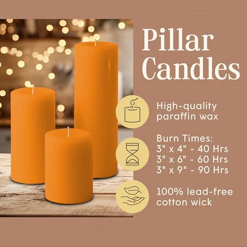 Mister Candle Unscented Dripless Pillar Candles Set of 3, Hand Poured 3 Inch Candles, Premium Wax, Decorative Pillar Candles, (3" x 4", 3" x 6", and 3" x 9", Orange) - Image 3