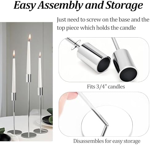 Set of 3 Silver Taper Candle Holders, Metal Gold Candlestick Holders, Tall Candle Holder, Fits 3/4 inch Thick Candle&Led Candles, for Table Centerpiece, Wedding, Dinning, Party Home Decor - Image 5