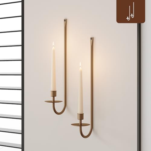 Metal Wall Candle Sconce Holder Set of 2 Wall Mount Candle Holder Pillar Holder Brass Modern Wall Candle Sconces Hanging for Living Room Farmhouse Fireplace Wedding by WOLAOJA