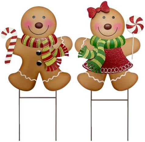 Outdoor Christmas Decorations,27" H Large Gingerbread Boy and Girl Metal Yard Stakes,Set of 2, Rustic Winter Signs for Lawn Garden,Patio, Pathway & Front Yard,Farmhouse Porch Outside by ABELOTS