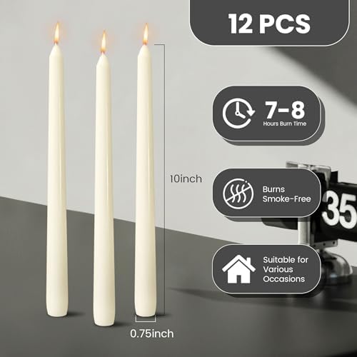OSHINE Ivory 10 Inch Taper Candles - 12 Pack Long Taper Candle Dripless Unscented Smokeless & Emergency 7-8 Hours Long Burning Tall Candlesticks Ideal for Weddings, Dinner Party, Easter - Image 2