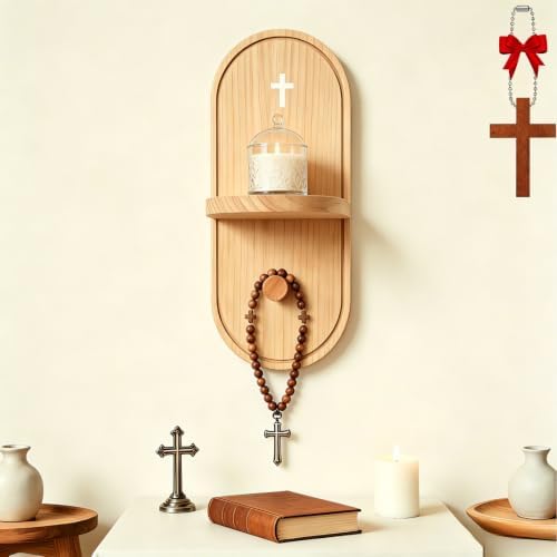 Prayer Shelf, Wooden Wall Mounted Rosary Holder with Cross Detail and Candle Space, Compact Prayer Display Shelf for Bedroom Entryway and Daily at Home by Unknown
