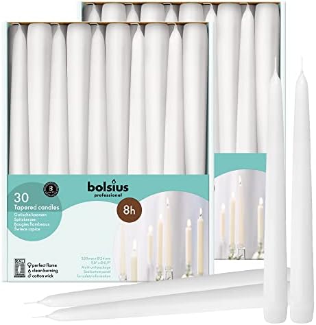 BOLSIUS 60 Count Household White Taper Candles - 10 Inches - Premium European Quality - 8 Hours Burn Time - Unscented Dripless and Smokeless Home Decor, Restaurant, Wedding, and Party Candlesticks by BOLSIUS
