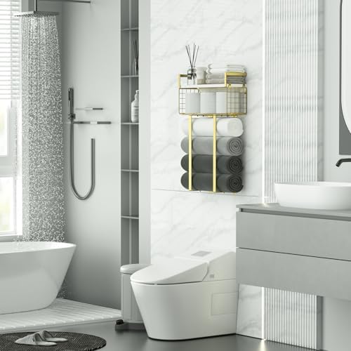 Towel Racks for Bathroom, Bathroom Shelf Over Toilet,Floating Shelves with Towel Rack Paper Holder Storage Basket,Floating Shelves for Wall Decor,Gold - Image 2