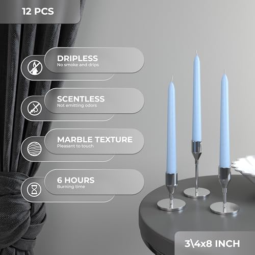 CANDWAX Light Blue 8 inch Taper Candles Set of 12 - Unscented Smokeless Dripless Tall Candlesticks - Perfect for Special Occasions and Ordinary Dinners and as Easter Candles - Light Blue Candle Sticks - Image 4