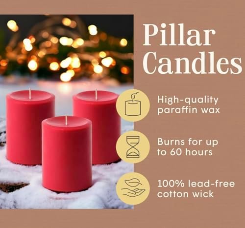 Mister Candle Dripless Unscented Rustic Red Pillar Candles, Set of 3 Hand Poured Solid Color Candles for Holidays, Home Decor, Premium Wax, 60 Hr Burn Time, 3x4 Inch (Rustic Red) - Image 3