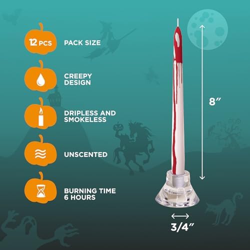 CANDWAX 8 inch Taper Candles Set of 12 - Dripless Candlesticks Burning for 6 Hours - Bloody Tapered Candles Ideal as Halloween or Other Themed Decor - Blood White Candle - Image 2